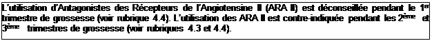 Zone de Texte: Lutilisation dAntagonistes des Rcepteurs de lAngiotensine II (ARA II) est dconseille pendant le 1er  trimestre de grossesse (voir rubrique 4.4). Lutilisation des ARA II est contre-indique pendant les 2me   et 3me   trimestres de grossesse (voir rubriques 4.3 et 4.4).